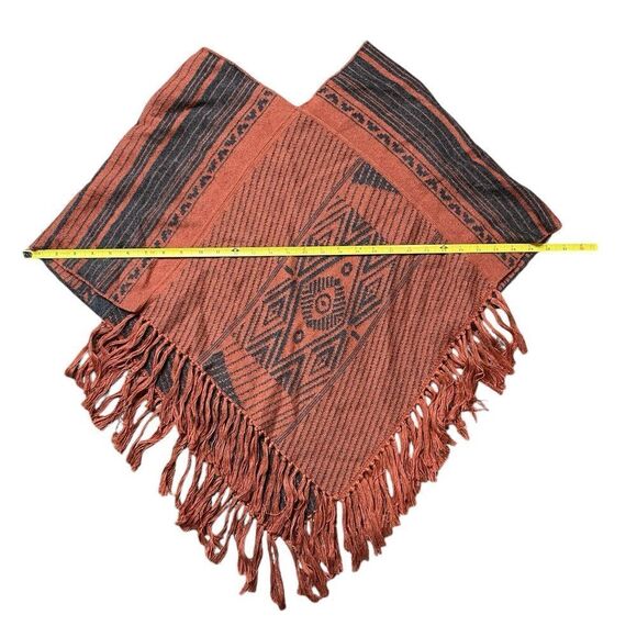 SOL ALPACA Fringe Poncho Orange Gray One Size - Picture 6 of 8